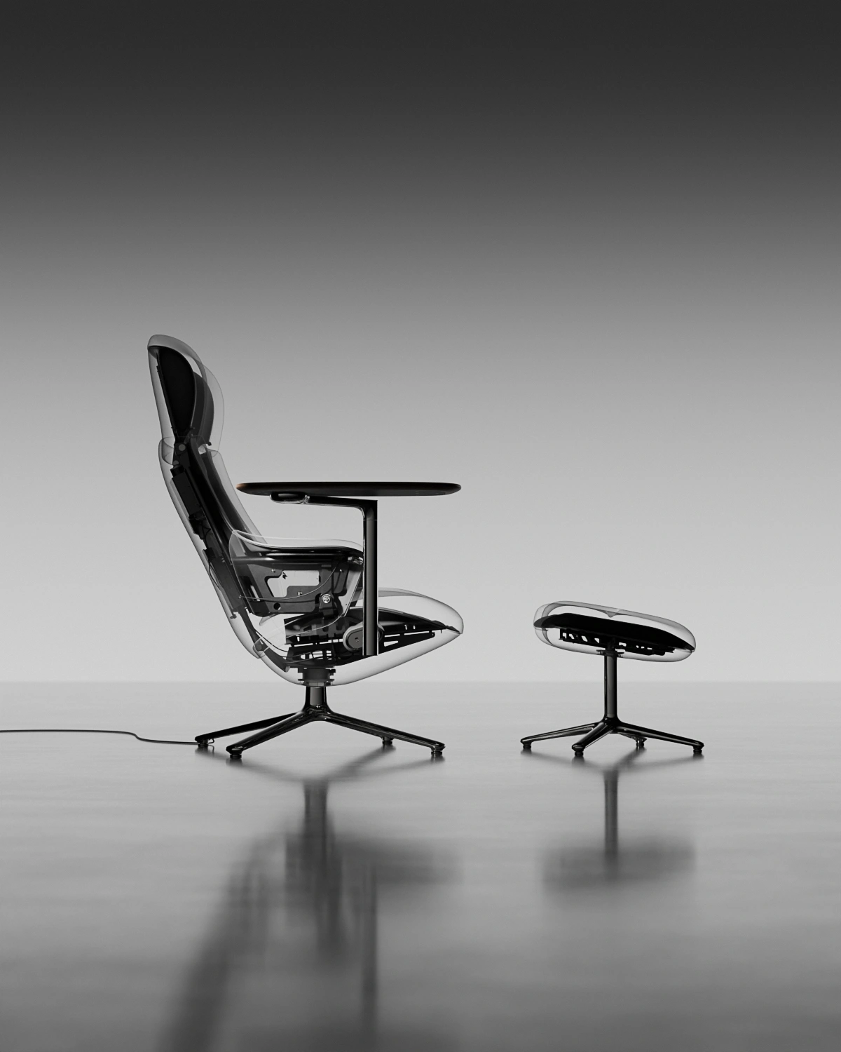 Humanscale Diffrient Lounge chair. Xray stylized shot showing the internals.