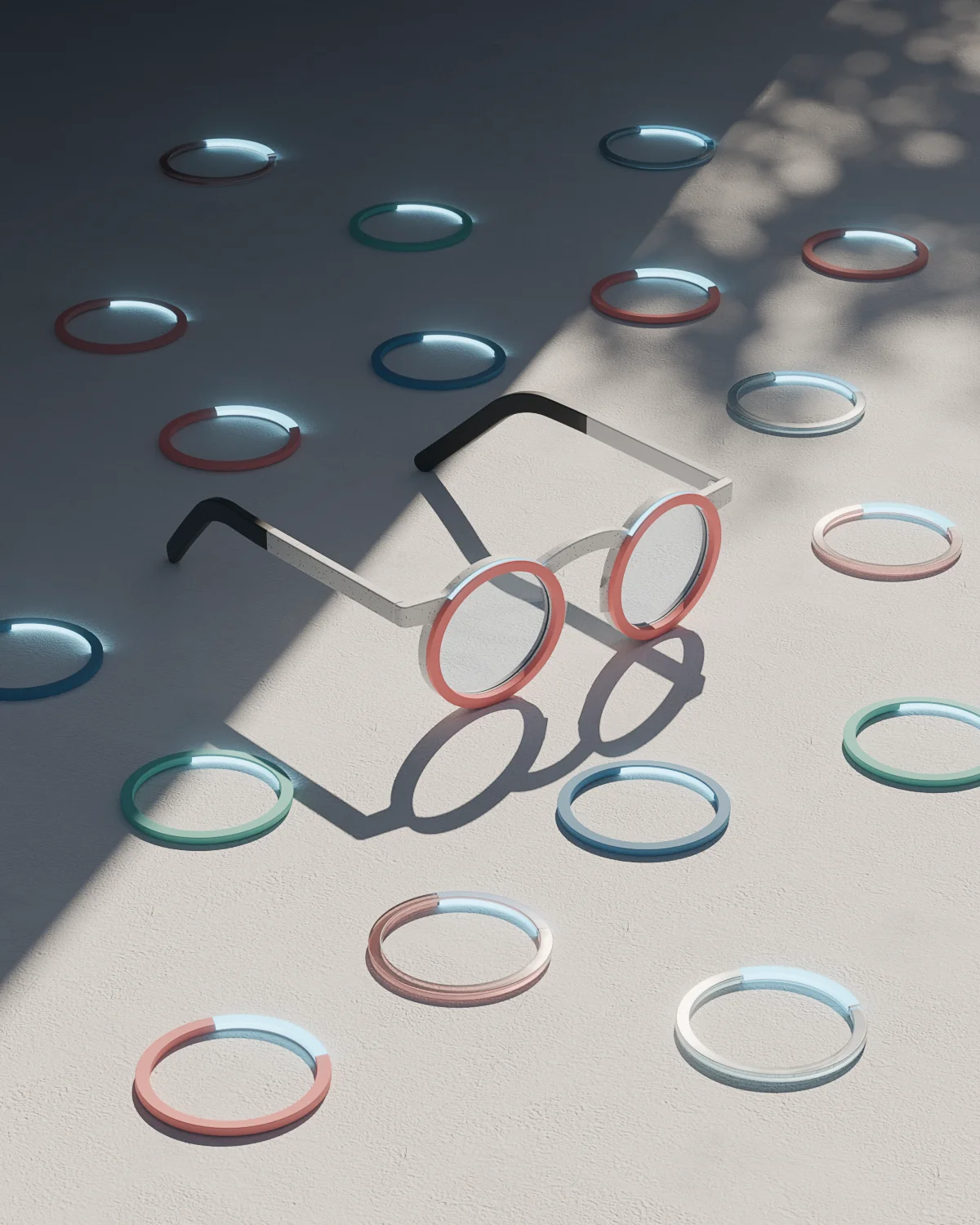 Myopia preventing glasses. Shot outdoors showing the glases in sunlight and shadow.