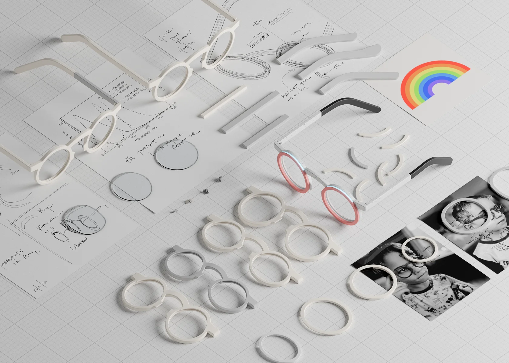 Myopia preventing glasses. Image showing the design process of the glasses.