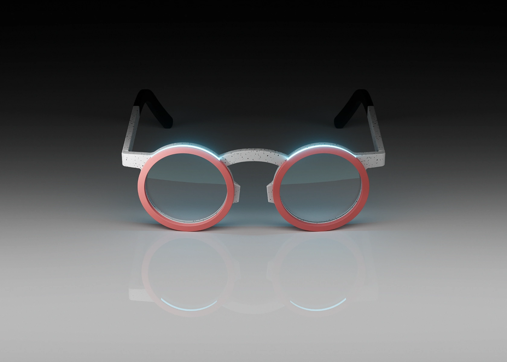 Myopia preventing glasses. Dark image showing the lighting of the glasses.