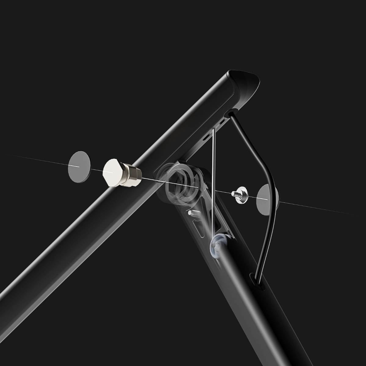 Humanscale Nova task light. Close-up exploded view of the hinge.