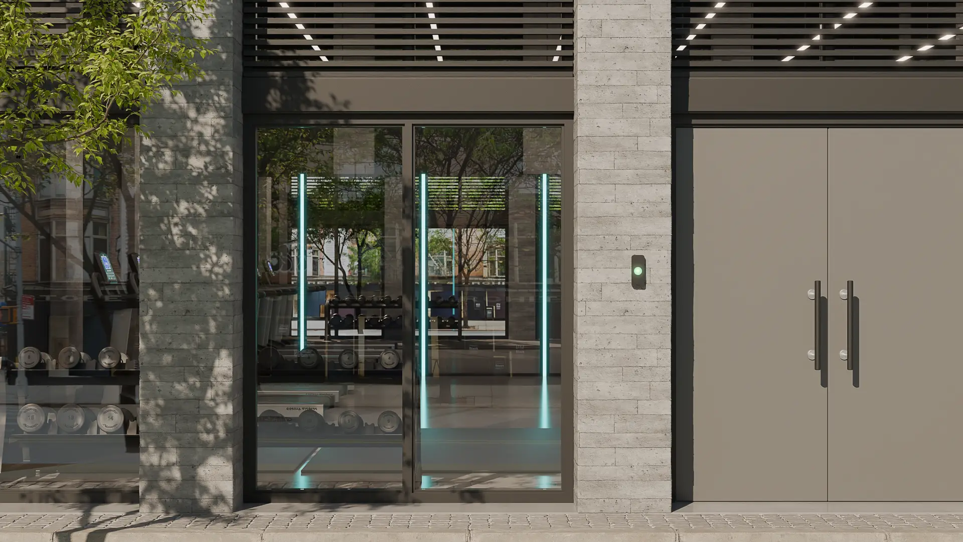 Kisi products in context. Gym building by day, with Kisi terminal.