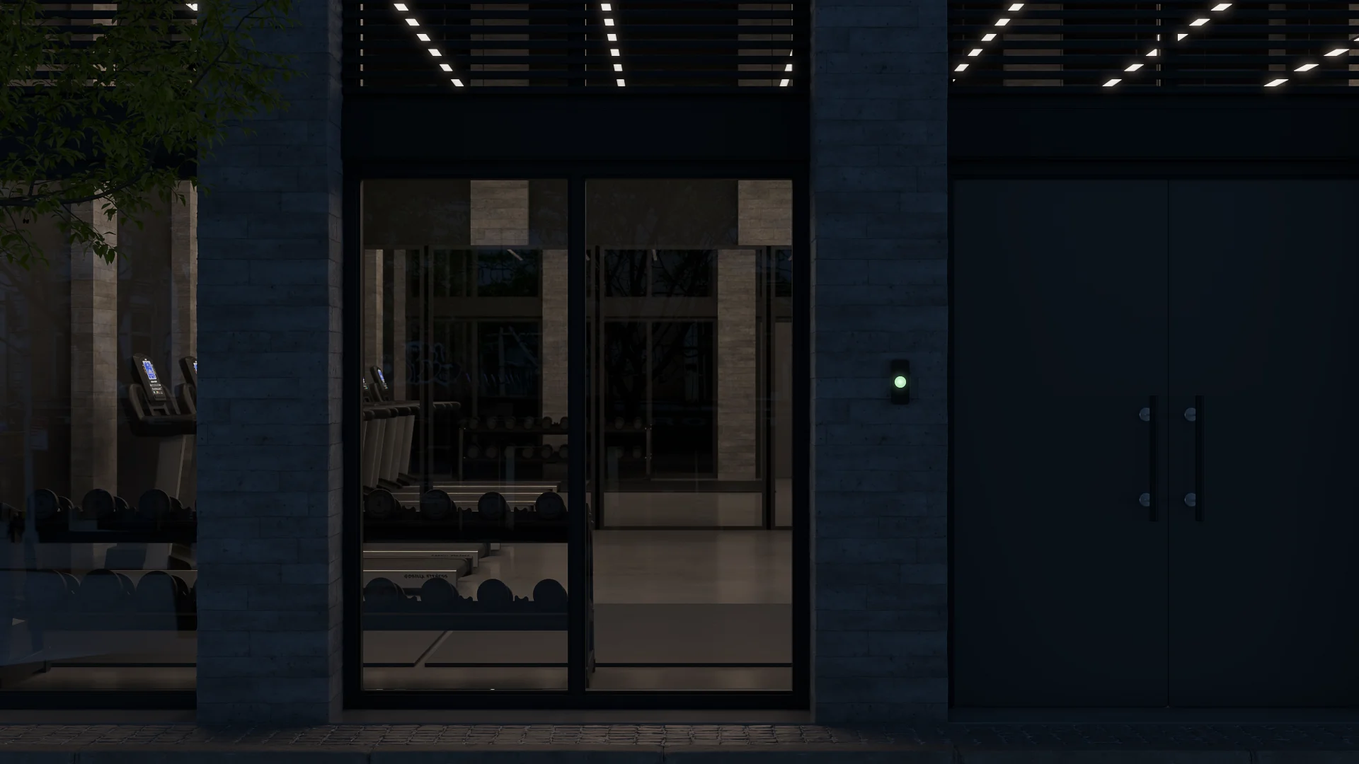 Kisi products in context. Gym building by night, with Kisi terminal.