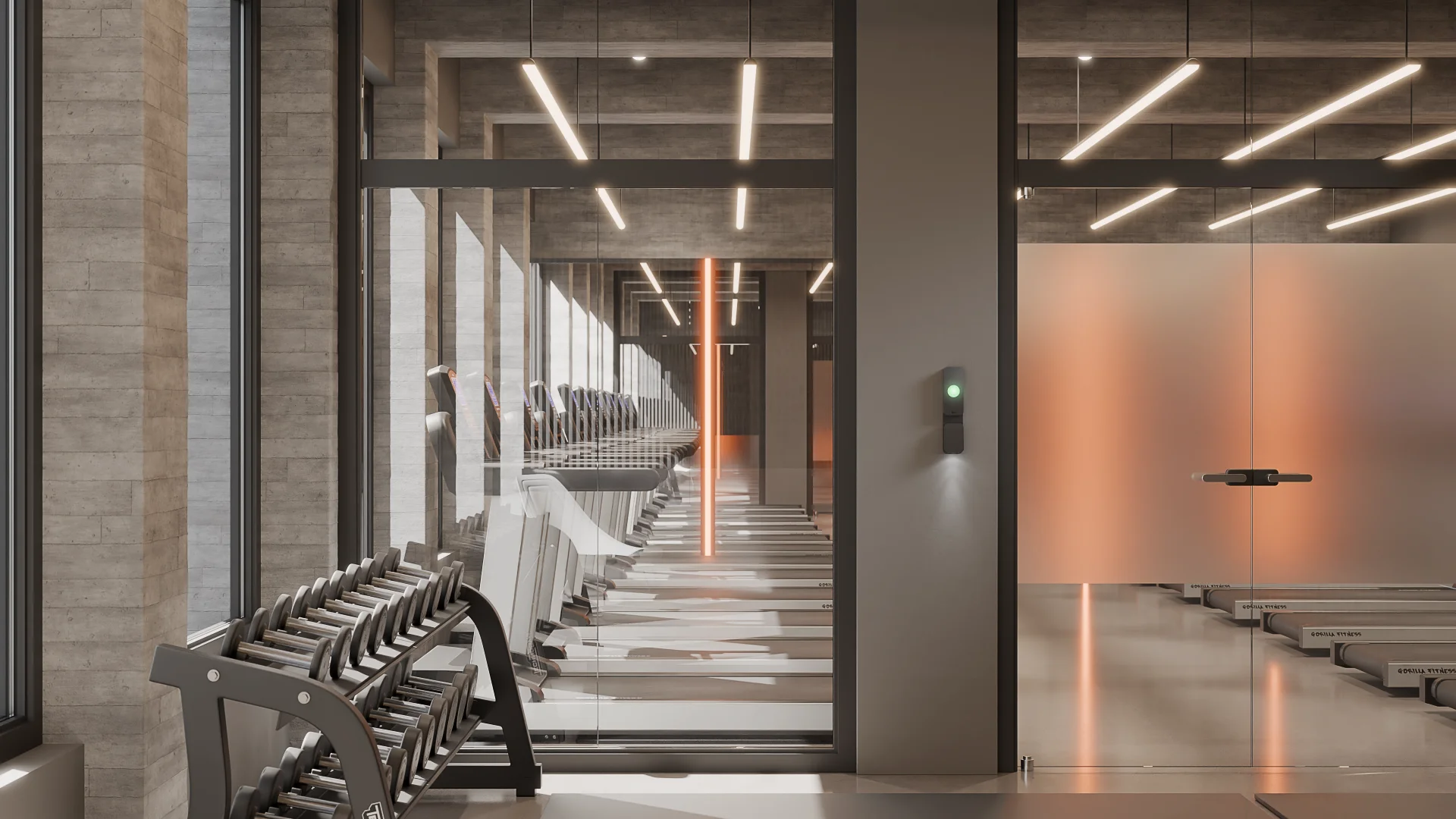 Kisi products in context. Gym interior by day, with Kisi terminal pro.