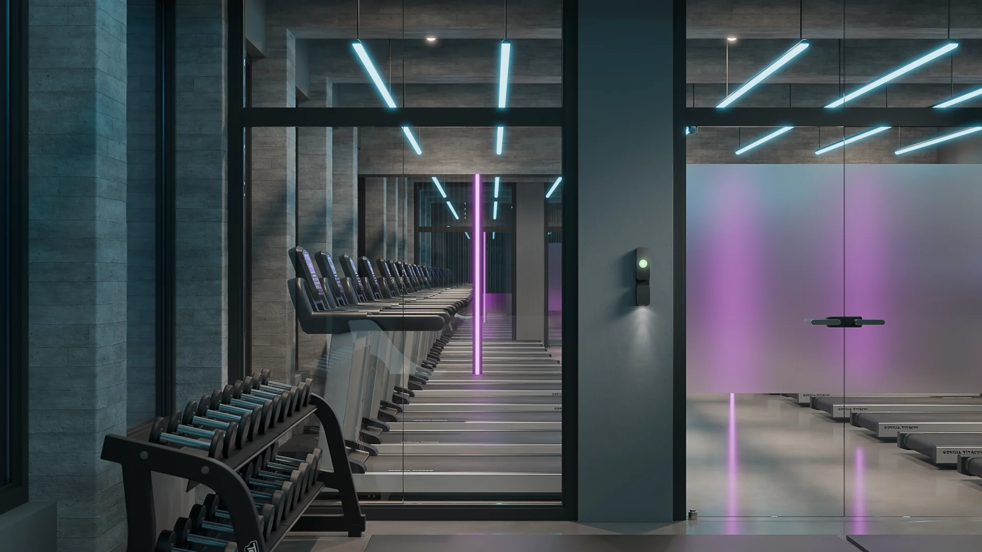 Kisi products in context. Gym interior by night, with Kisi terminal pro.