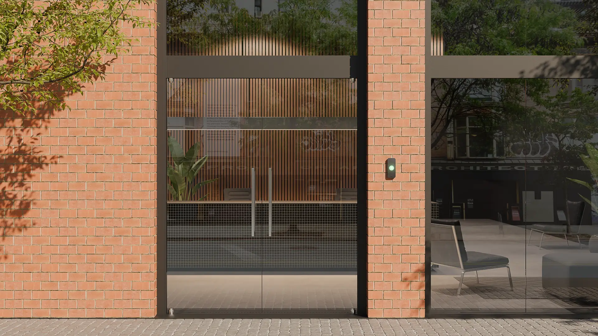 Kisi products in context. Warm office building by day, with Kisi terminal.