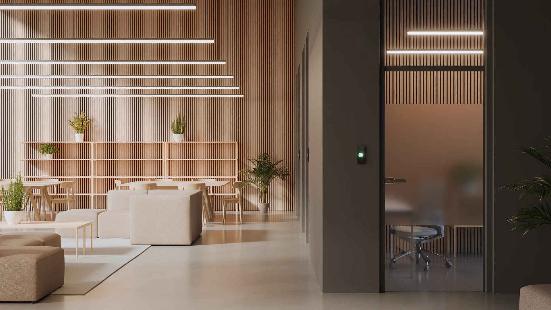 Kisi products in context. Office communal space, with Kisi terminal.
