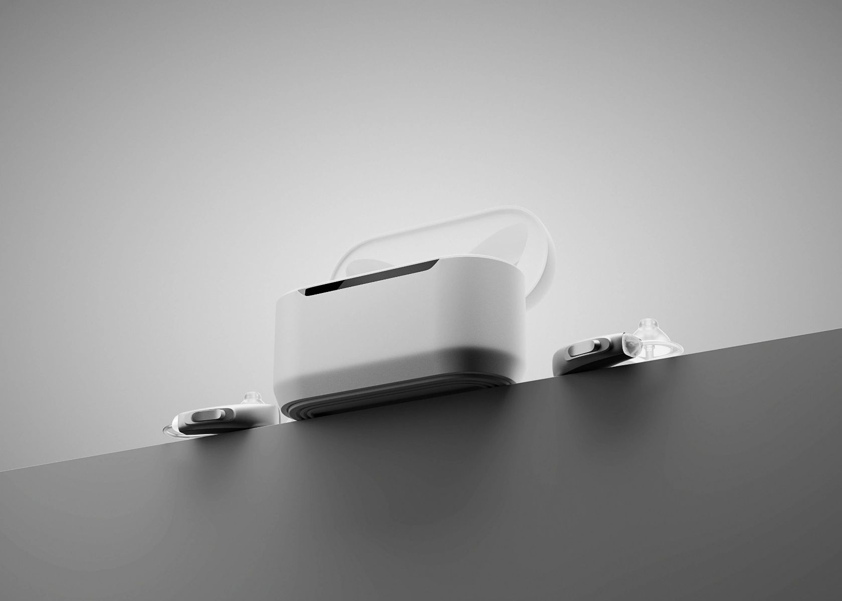 Acuhear hearing aid. Charging case and left and right hearing aid.