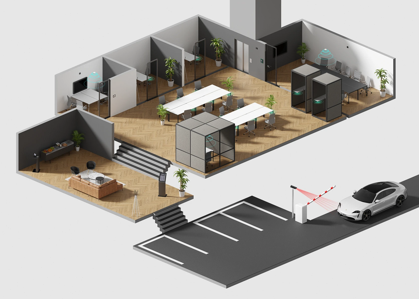 Officemanagers. Stylized 3D map of an office building showing the placement of their products.