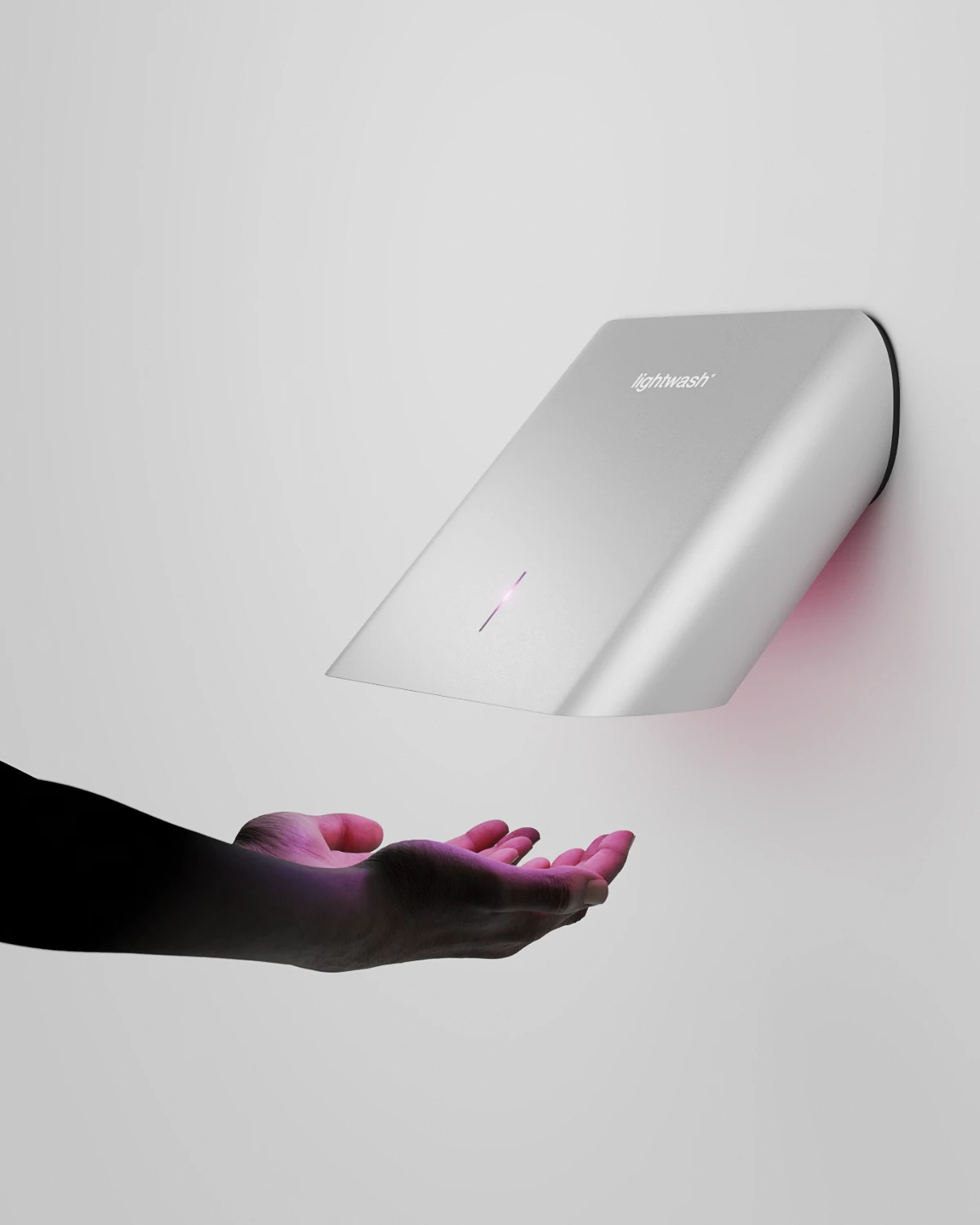 Lightwash by BRACHER. UV hand wash device. Image showing the UV light shining on hands.